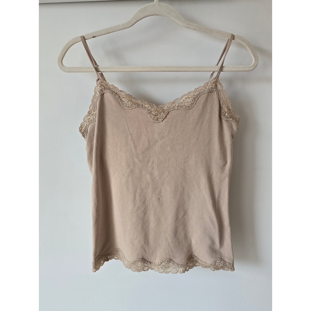 Vtg Architect Womens Tan Beige Lace Trim Beaded Camisole Top Medium Cotton Blend
